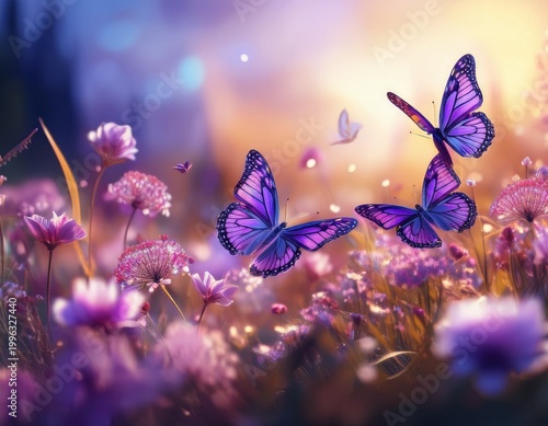 vibrant purple butterflies dancing among blossoming flowers in dreamy meadow