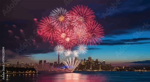 Spectacular fireworks display over city skyline a vibrant celebration of light and color illuminating the night sky