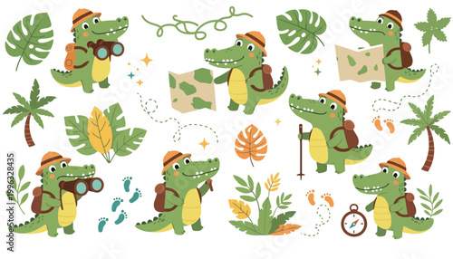 A cartoon crocodile wearing a backpack and hat in a jungle setting with various plants and accessories