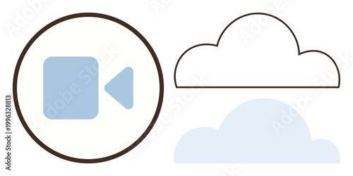 Remote work, cloud storage, data sharing, video conferencing, digital communication, minimalism. A video icon in a circle with two cloud designs. Video conferencing and remote work concepts