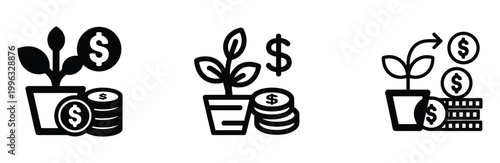 Hand-drawn money plant growth concept with coins and camera for financial investment success