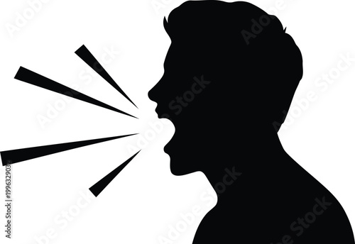 Simple black silhouette of a person screaming loudly illustrating anger or strong vocal communication and sound waves