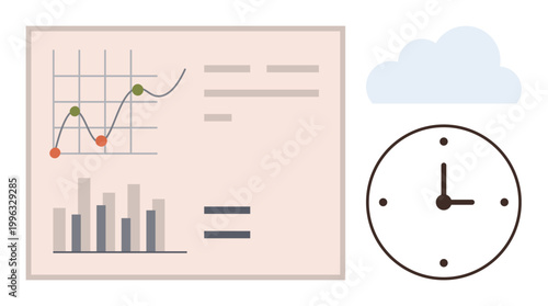 Business strategy, productivity, time tracking, data analysis, finance, workflow planning. Line chart, bar graph clock against cloud backdrop. Business strategy and productivity visualization