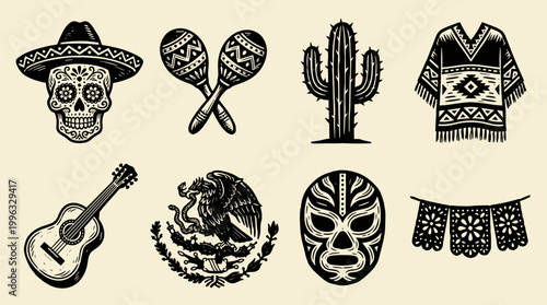 Mexican Cultural Symbols Illustration Set: Linocut Skull, Maracas, and Desert Flora Graphics
