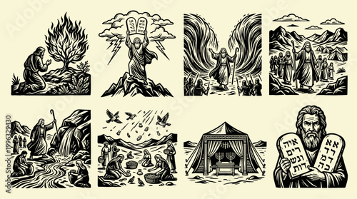 Moses Sinai Desert Woodblock Elements: Black Ink Linocut Set for Bible Story Illustration