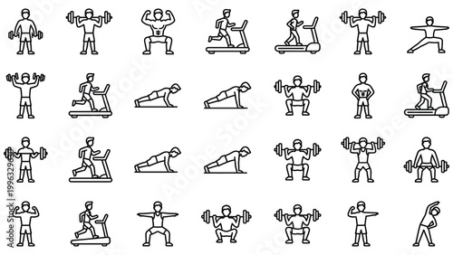 Gym fitness exercise activity outline icon set with various workout poses and equipment.