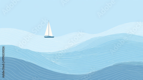 Minimalist Sailboat on Blue Wavy Sea Illustration