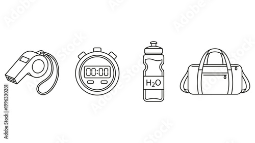 Tableau sur toile Sport coach equipment icons set with whistle stopwatch water bottle and fitness gym bag