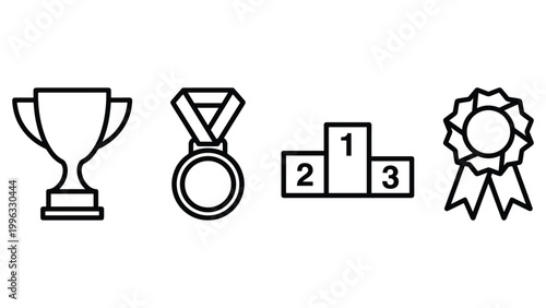 Victory and award icons including trophy cup medal podium and ribbon rosette illustration.