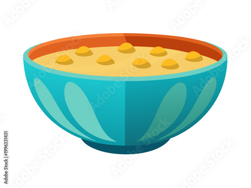 Blue bowl of porridge served on plain white background