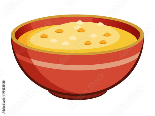 Red bowl of porridge served plain on white background