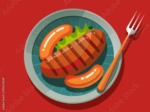 Grilled sausages served on plate with fork and garnish