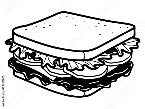 Layered sandwich stacked with fillings on white background