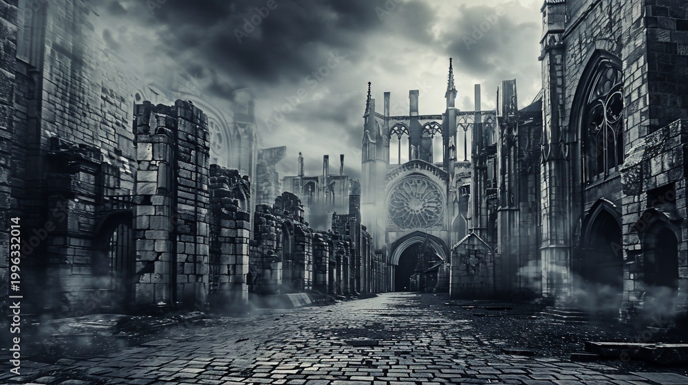 Obraz premium Ruins of a gothic cathedral, ominous sky, stone architecture, historical, desolation
