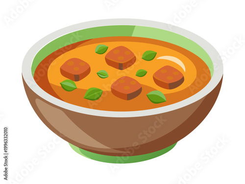 Vegetable soup with tofu cubes in ceramic bowl on white background