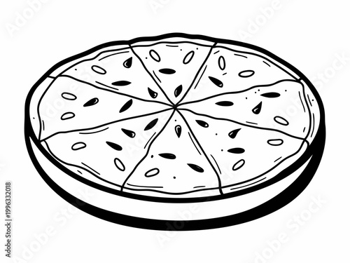 Round pizza cut into slices on plain white surface