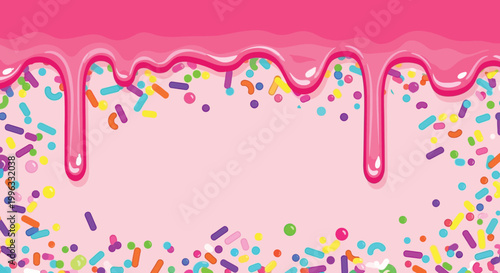 Dripping frosting with rainbow sprinkles on pink background in bright lighting for sweet treat advertising.
