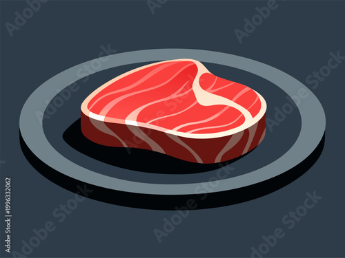 Raw steak resting on dark round plate with deep shadow