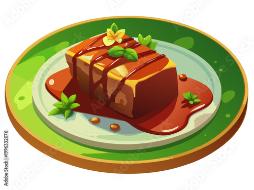 Dessert slice drizzled with caramel served on green plate