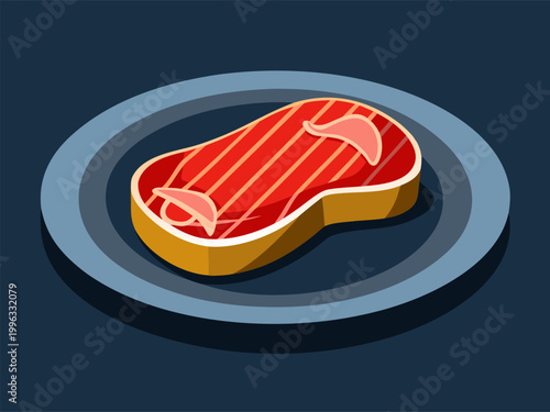 Raw ribeye style steak on blue plate with garnish slices