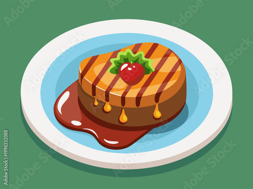 Grilled steak drizzled with sauce on round plate on green surface
