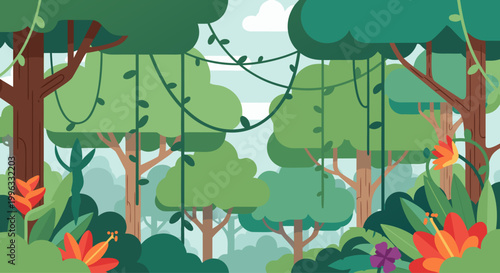 Tropical jungle with hanging vines and colorful flower foreground