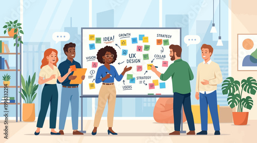 Diverse group of coworkers brainstorming ideas.