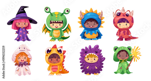 Halloween kids wearing colorful Halloween costumes witch, ghost, dragon characters. Adorable cartoon illustration of children in festive party outfits. Colorful vector illustration for party celebrati
