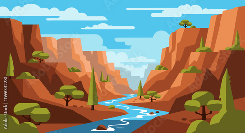 Red canyon river winding through rocky desert valley landscape