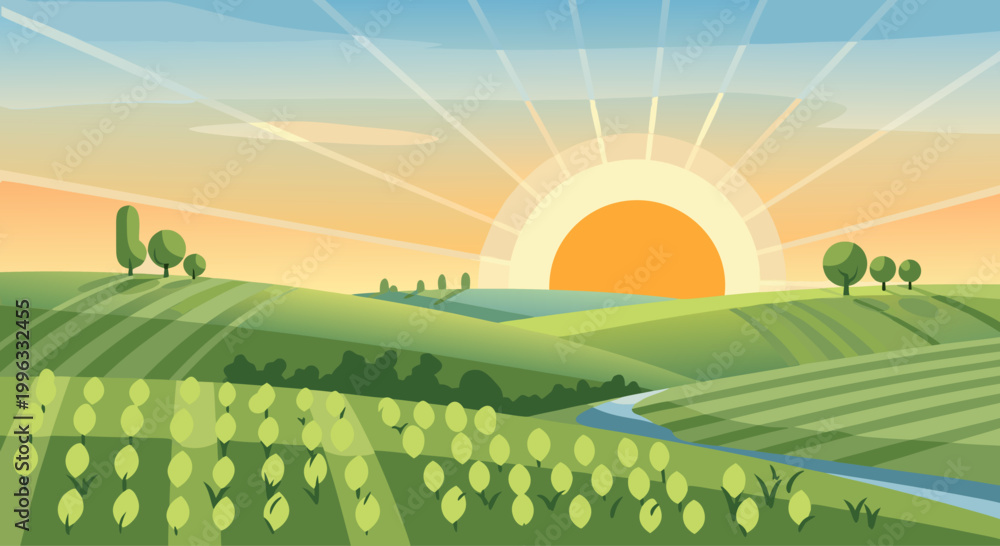 Naklejka premium Rolling farmland bathed in sunrise light with winding river