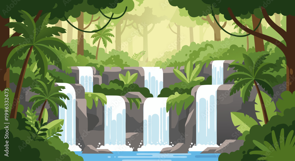Fototapeta premium Waterfalls cascading through dense tropical jungle pool