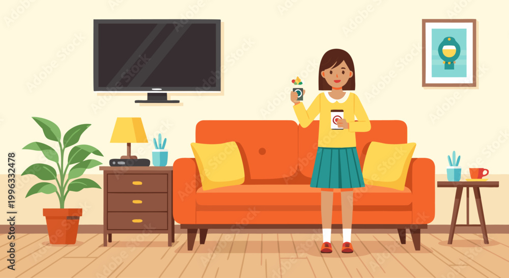 Fototapeta premium Young woman holding mug standing in living room interior