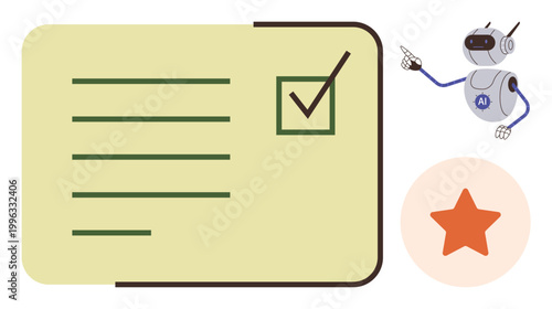 Task management, robotics, AI efficiency, productivity tools, automation, performance review. Robot pointing at checklist and star rating. Task management and robotics concept