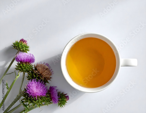  Milk thistle herbal tea in white cup with purple thistle flowers, minimalist botanical wellness flat lay, copy space,  calm conceptual mood, AI generated digital art