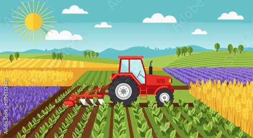 Red tractor plowing rows of crops on sunny farmland