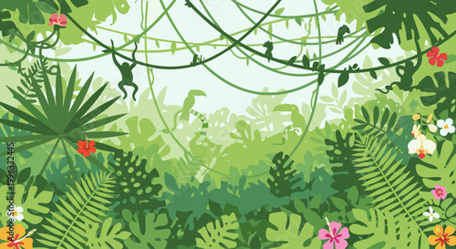 Tropical jungle canopy dense with vines and leafy undergrowth