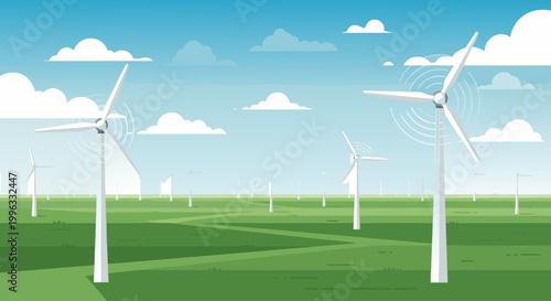 White wind turbines spinning across expansive green agricultural plain