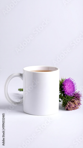 Milk thistle herbal tea with purple blossoms in white mug, minimalist botanical wellness still life, copy space, calm conceptual mood, AI generated digital art