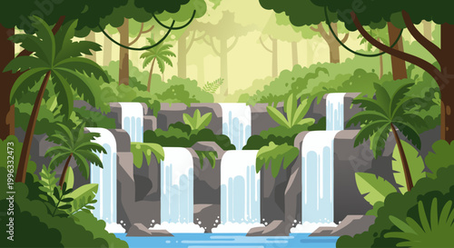 Waterfalls cascading through dense tropical jungle pool