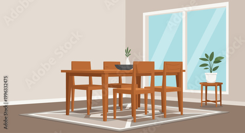 Wooden dining table and chairs in modern dining room interior