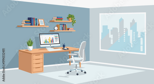 Home office desk with computer in minimalist workspace interior