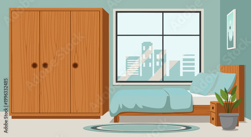 Bedroom single bed made next to wardrobe against window