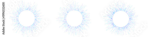Abstract radial dot burst frame, blue and purple circular particle explosion, modern technology halo ring design, futuristic minimal vector background with empty center space