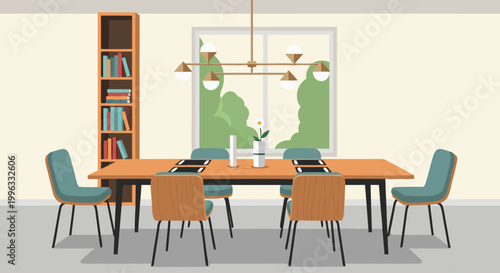 Dining table set with chairs in modern dining room interior