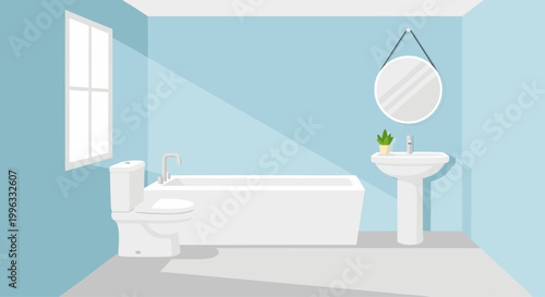 White bathtub and pedestal sink in bright bathroom interior