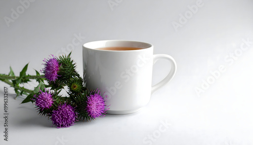 Milk thistle herbal tea with purple blossoms in white mug,copy space,  minimalist botanical wellness still life, calm conceptual mood, AI generated digital art