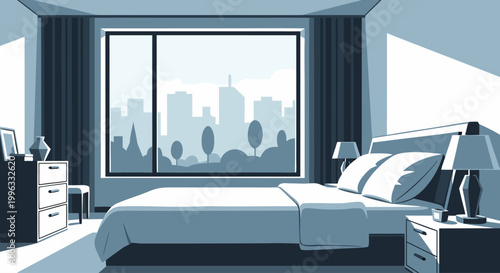 Bedroom bed positioned facing large window with city view