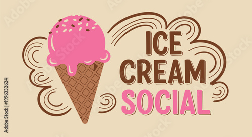 Retro ice cream social vector sign, strawberry scoop in waffle cone, vintage dessert logo