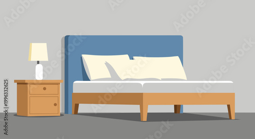 Bed frame with headboard and nightstand lamp in room