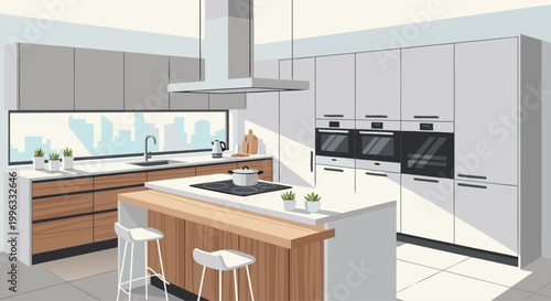 Modern kitchen island with appliances in bright interior space